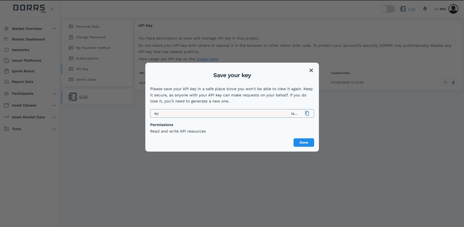 Getting your API key on DORRS.io